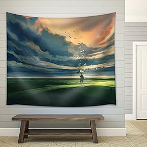 Painting of Man Holding an Umbrella Standing Alone in The Meadow Watching at The Cloudy Horizon - Fabric Wall Tapestry Home Decor - 51x60 inches