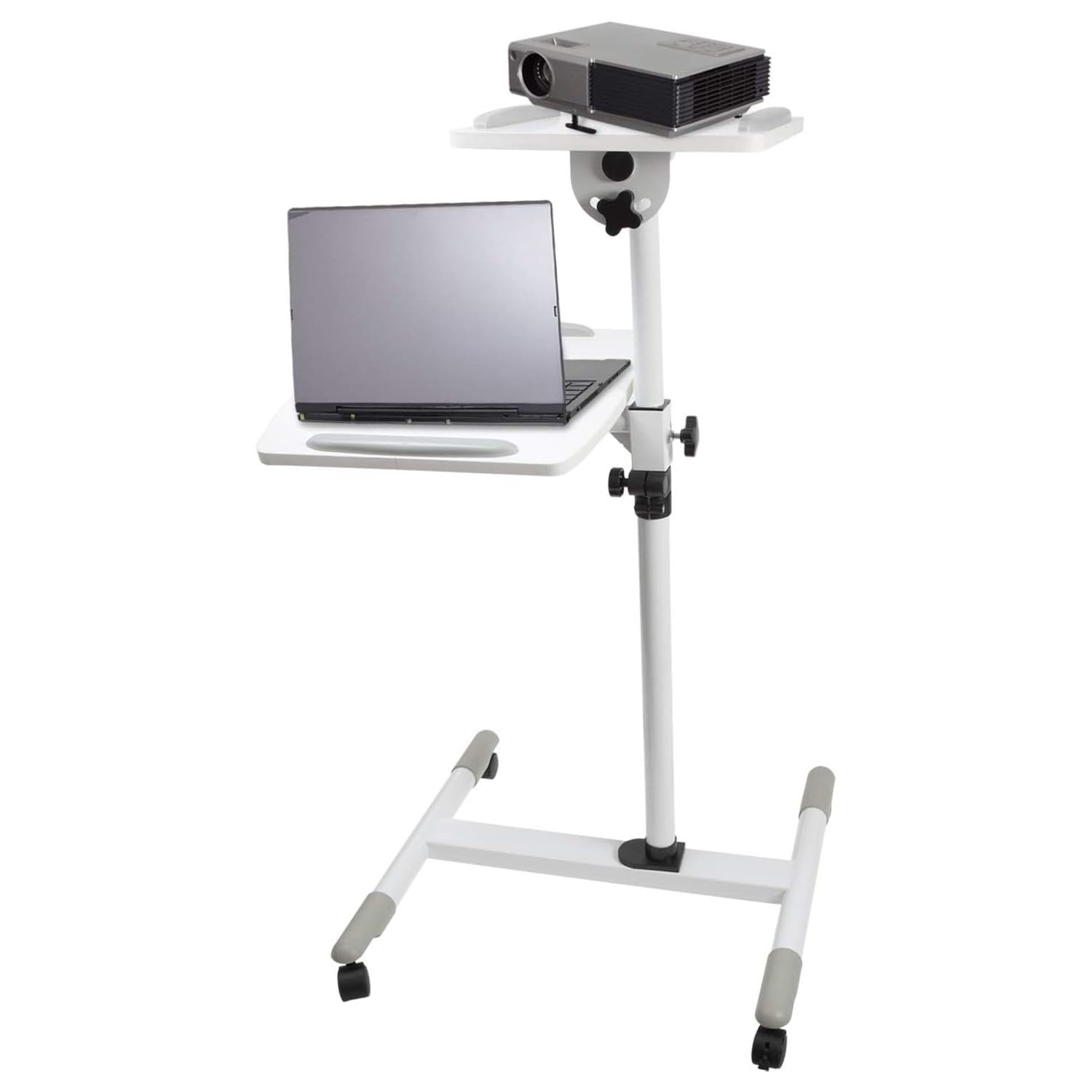 Properav Mobile Desk Workstation & Projector Trolley - White | Moveable On Caster Wheels | Adjustable Height 850-1100mm | 10kg Capacity | For Laptop, Projector, Consoles & More