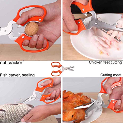 Liangery Multifunction Kitchen Scissors, Sharp Utility Cutting Scissors Shears for Chicken Meat Vegetables Fish Beef with Can Bottle Opener Stainless Steel Shaving Knife,Walnut clip Function in Orange - Thumbnail 2