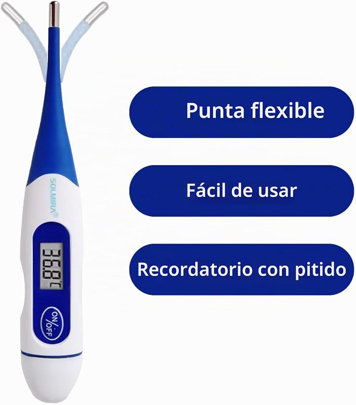 - Termómetro Digital, Preciso ±0.1°C, Punta Flexible, Oral/Rectal/Axilar, Resistente al Agua IP54, Aviso Sonoro, Estuche Incluido, Amarillo/Azul/Azul Marino