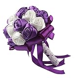 OurWarm Handmade Satin Roses White Beige Crystal Brooch Bridal Wedding Bouquet Decor Purple