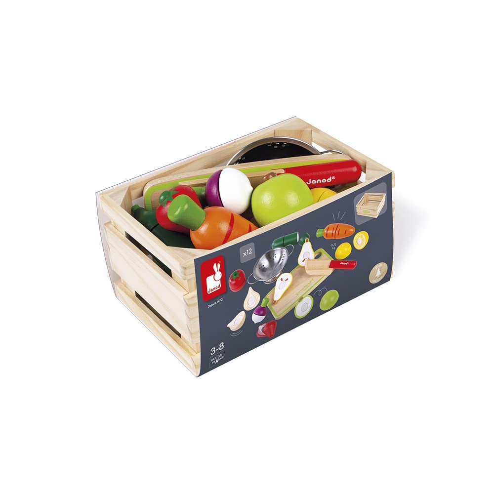 Janod - Green Market Fruits and Vegetable Maxi Set - Market Crate with 9 Velcro Fruits and Vegetables to Cut - Wooden Board and Knife - Metal Colander - from 3 Years Old, J06607