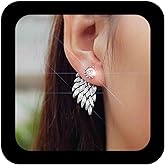 Iaceble Bohemia Rhinestone Angel Wings Earrings Silver Feather Cz Stud Earrings Crystal Wings Ear Jacket Earrings Jewelry for Women