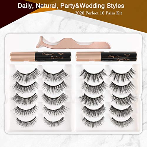 Brightup Magnetic Eyelashes with Eyeliner Kit, 10 Pairs 3D Natural Look Reusable False Magnetic lashes Set, 2 Tubes Long Lasting Magnetic Eyeliner 10 mL with Tweezers (No Glue Needed), Ideal For Gift