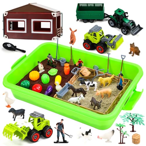 Aprilwolf 69 PCS Farm Sensory Bin Toys Playset, Sandboxes with Sand, Farmer Tractor & Farm Animals Figures Toys for Kids 3 4 5, Gifts for 6 7 Years Old Boys Girls Toddlers