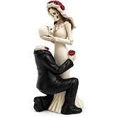 Skeleton Bride and Groom Cake Topper, Resin Gothic Wedding Couple Proposal Figurine | Spooky Romantic Halloween Wedding Decor, Day of the Dead Tabletop Statue, (Small, Proposal)