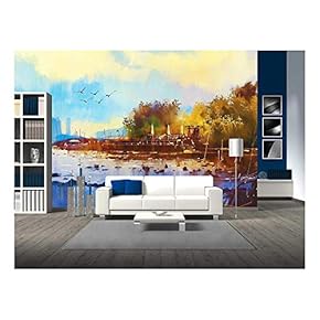 Seascape Watercolor Painting of Beautiful Beach at Sunset - Removable Wall Mural | Self-Adhesive Large Wallpaper - 66x96 inches