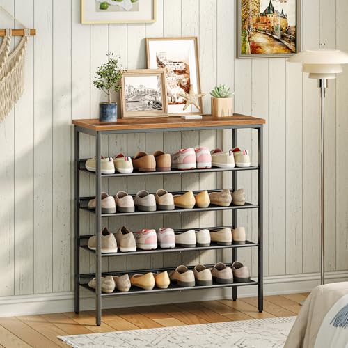 HOOBRO Shoe Rack, 5-Tier Shoe Rack, Shoe Cabinet, Adjustable Metal Mesh Shelf, Spacious Top, Holds 16–20 Pairs, for an Entrance, Corridor, Industrial use, Vintage Brown/Black, EBF12XJ01
