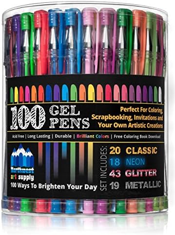 Neon Gel Pens Set of 100 for Adult Coloring Books and More. 100 Assorted Colors, Glitter, Neon, Metallic, &amp; Classic... All the Favorites. The Ultimate Gel Pen Kit. 5 Free Adult Coloring Books.