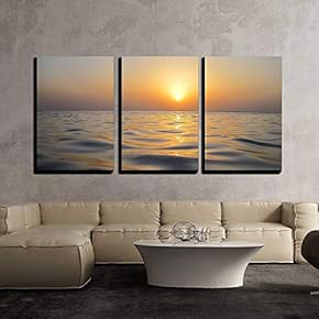 3 Piece Canvas Wall Art - Many Smooth Soft Waves in The Warm Sunset on The Sea and Holiday - Modern Home Art Stretched and Framed Ready to Hang - 16"x24"x3 Panels