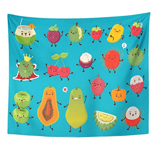 Emvency Wall Tapestry Fruit Vintage Food with Coconut Mangosteen Durian Strawberry Mango Cherry Rambutan Cabbage Papaya Lychee Pumpkin Cute Decor Wall Hanging Picnic Bedsheet Blanket 60x50 Inches