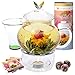Teabloom Wings of Love Blooming Tea Gift Set - 40 oz Borosilicate Glass Teapot, Teapot Warmer, Glass Loose Tea Infuser, 12 Fruit Flowering Tea Canister