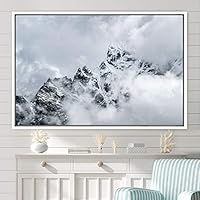 Framed Canvas Wall Art Snow Mountain Cool Expressive Farmhouse/Country Landscape Mountain Top Multicolor Photography Portrait Realism - 16x24 inches