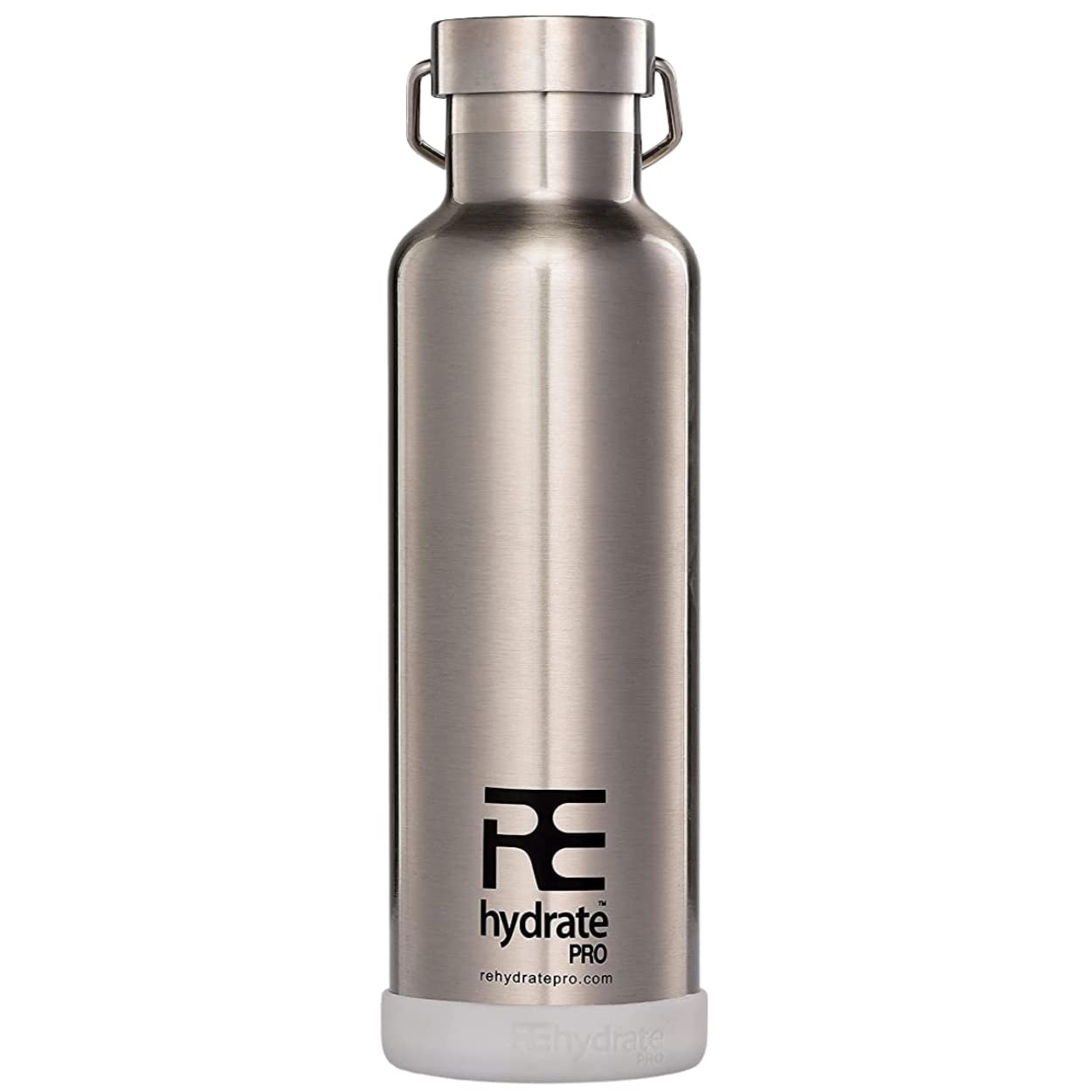 Rehydrate Pro (Chrome 25oz Double-Insulated Stainless Steel Water Vacuum Bottle Flask -Compatible to Swell Yeti Hydro and Klean Kanteen for Hot or Cold Drinks + Bonus 'Flip N Sip' Sports Cap