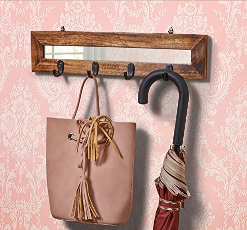 Christmas Gifts Wooden Wall Hook Key Holder Organizer Hanger Rack With 4 Hooks &amp; Mirror In Center For Office &amp; Home Decor - Mango Wood