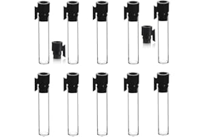 MagnaKoys Clear Glass Perfume Cologne Sampler Vial Container for Purse or Pocket (10, 1/5 Dram Black Vial w/Clip & No Applicator)