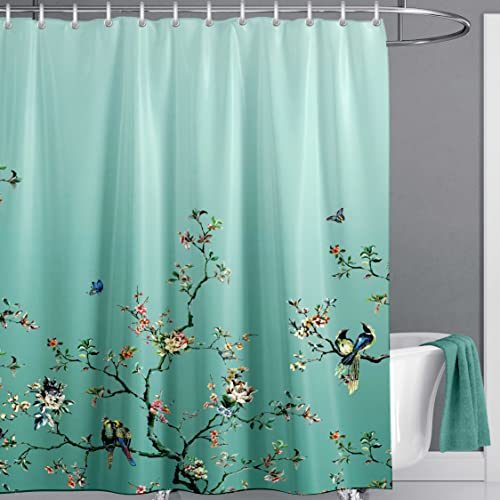 LIVETTY Ombre Green Floral Shower Curtain Birds 72x78 inches with 12