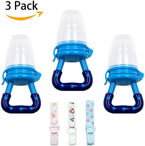 Baby Fresh Food Feeder (Blue) with Adjustable Pacifier Clips, Fruit Food Nipple Teething Training Toy and Tableware, Silicone Pouches for Toddlers