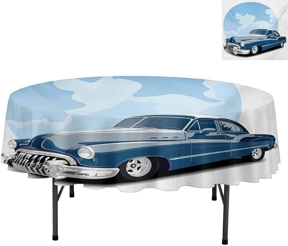 Aishare Store Water Resistant Spill Proof Tablecloths, Old Timer Vintage Automobile Collectors Revival Nostalgi, Tablecloth for Dinner Party Restaurant, Round 54", Blue Pale Blue Black