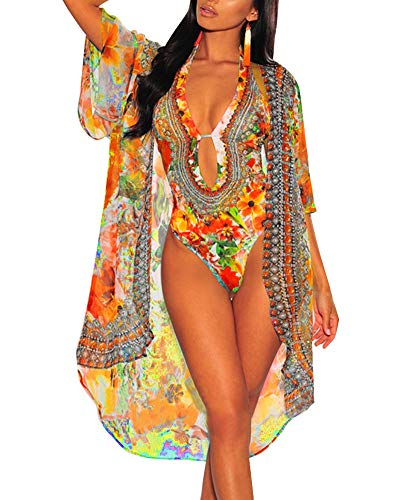 Women Sexy V Neck Boho Print Bikini Swimsuit with Long Kimono Cardigan Cover Ups - Thumbnail 4