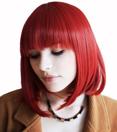 Prettyland Red Mid -length BOB Cut Short Hair Wig Straight Bangs Natural Matt for Daily Use C749
