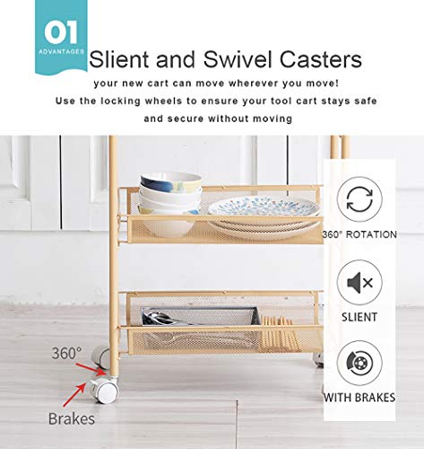 IRISHOME Easy Assemble 5-Tier Bathroom Shelf Cart, Large Rolling Cart, Office File Cart, Kitchen Storage Cart on Wheels, Utility cart, Storage Rack, Mesh Designing -Yellow