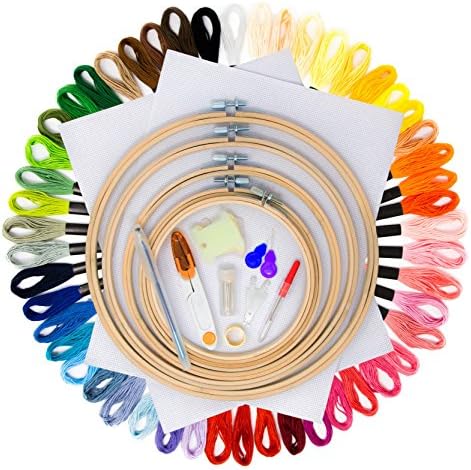 Complete Embroidery Starter Kit for Beginners - Includes 5 Bamboo Embroidery Hoops (6 inch, 9 inch, 10 inch), Embroidery Pen, Color Thread, Needles, and More - Cross Stitch Set for Kids and Adults
