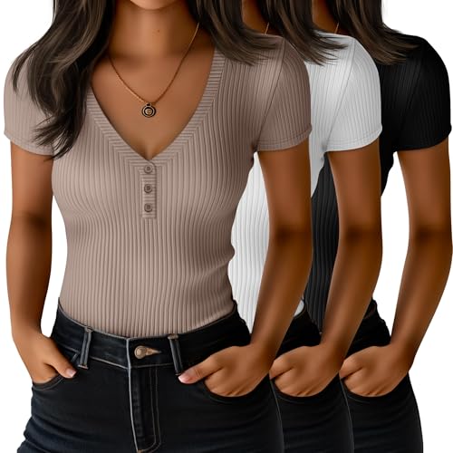 Huukeay 2 Pack Women's V-Neck Short Sleeve T-Shirts - Loose Fit Casual Tees In Rayon & Spandex - View #9