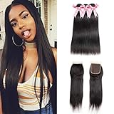 Brazilian Straight Hair 4 Bundles With a Free Part Lace Closure 100% Unprocessed Human Hair Bundles Natural Color,14