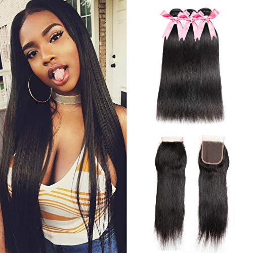 Brazilian Straight Hair Bundles With Closure 100% 7A Grade Unprocessed Virgin Human Hair Bundles 4X4 Free Part Lace Closure With Bundles(18 20 22+16