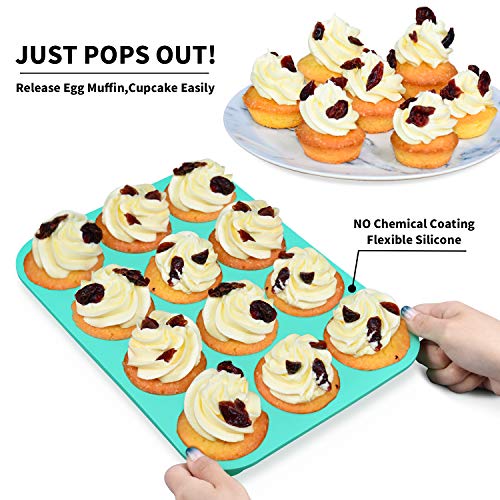 SJ European LFGB Silicone Muffin Pan, Mini 24 Cups and Regular 12 Cups Cupcake Pans, Food Grade Silicone Molds for Baking, Mint Green, Non-Stick & BPA Free, Pack of 2