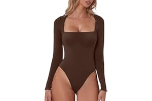 QINSEN Women's Sexy Square Neck Bodysuit Long Sleeve Double Lined Shirt Tops