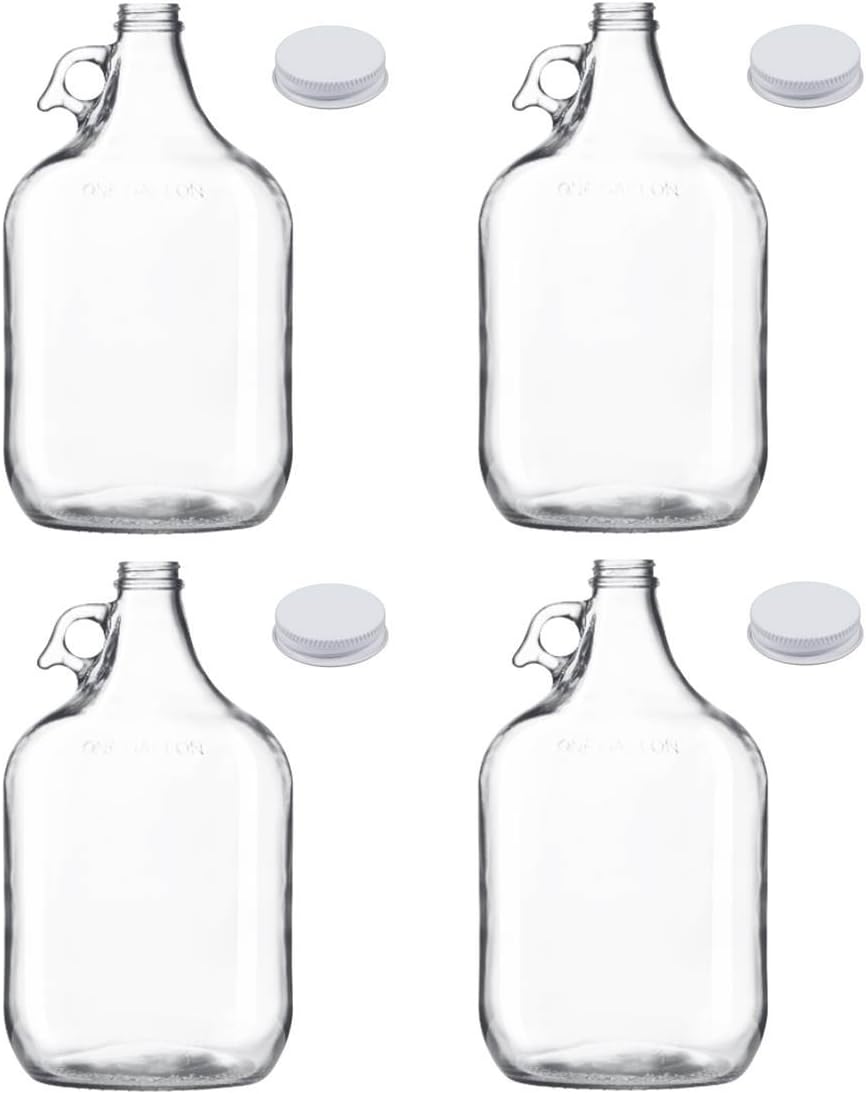 1-Gallon Heavy-Duty Clear Glass Growler Jug, Metal Cap/Liner, Made in USA (Set of 4)
