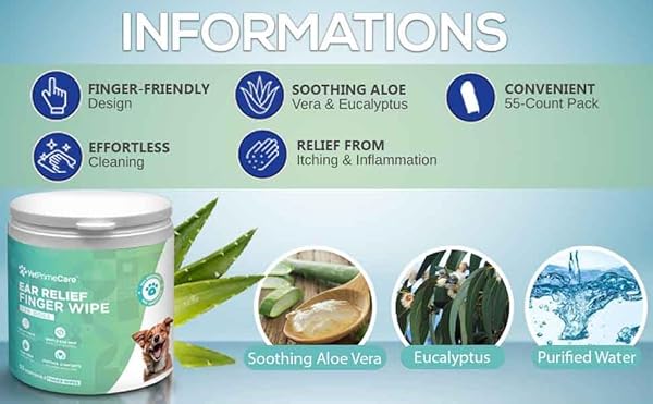 VET PRIME CARE PET FINGER WIPES FOR DOGS EAR RELIEF, ALOE VERA & EUCALYPTUS INFUSION, PET GROOMING WIPES, REMOVE DEBRIS & EAR WAX, SOOTHE & DEODORIZE, 55-COUNT PACK.