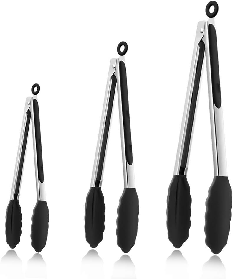 Kitchen Cooking Tongs 3 Packs, Xpatee Silicone Kitchen Tongs (7 / 9/ 12 in), Stainless Steel Tongs with Silicone Tips for Cooking, Serving, BBQ Grill and Salad( Black): Kitchen & Dining
