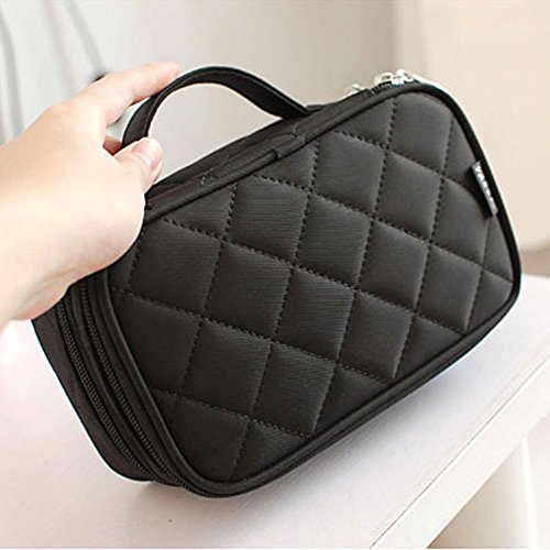 Makeup Bag Cosmetic Organizer Portable 2 layer Mini Makeup Pouch Holder Preminm Nylon makeup Case with Carry Handle for Travel Perfect Gift for Women Girls (Black 2 Pack) - Thumbnail 5
