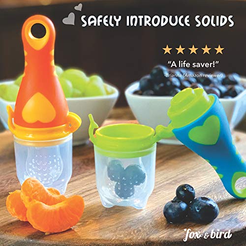 Fox and Bird - Baby Fruit Feeder Pacifier (2 Pack) | Baby Food Feeder | Doubles as Teething Toy for Infants and Toddlers | Includes Pacifier Clip and 6 Silicone Pouches (Blue/Orange)