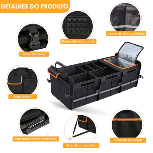 Organizador Multiuso Carro Viagen Grande Impermeável Caixa Organizadora Porta Mala Dobrável com 3 Compartimento Bolsa Térmica Caixa Armazenamento Carro SUV MPV Caminhão Van Caminhonete
