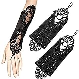 Zrdress Black Fingerless Elbow Length Flora Lace Flowers Faux Pearl Sequin Satin Wedding Bridal Gloves