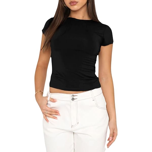 Women Basic Tops Short Sleeve Solid Slim Fitted Shirt Baby