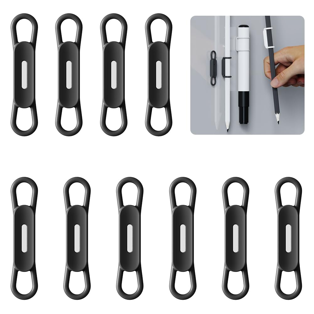 10-Pack Silicone Magnetic Pen Holder Clips - Ideal for Gel Ink Pens or Dry Erase Markers, Compatible with Desk, Refrigerator, Whiteboard, Clipboard - Includes Magnet Sheet for Wall Mounting (Black)