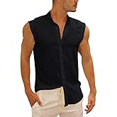 Bbalizko Mens Sleeveless Button Down Shirts Linen Cotton Summer Beach Basic Tank T-Shirt Tops