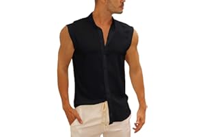 Bbalizko Mens Sleeveless Button Down Shirts Linen Cotton Summer Beach Basic Tank T-Shirt Tops