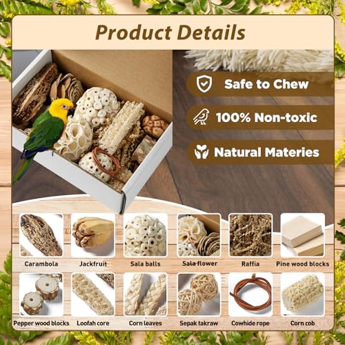 SUSOO Natural Bird Chewing Wooden Toys DIY Set, Safe Shredding Toys with Sola Balls, Wood Blocks, Apple Wood and Pine Cone, Foraging Toy for Parrots, Parakeet, Budgie, Conure,Love Birds and Cockatiel