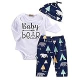 Unisex Toddler Infant Newborn Girl Boy Baby Bear Romper Pants 3pcs Outfits Set (3-6 Months, Blue)