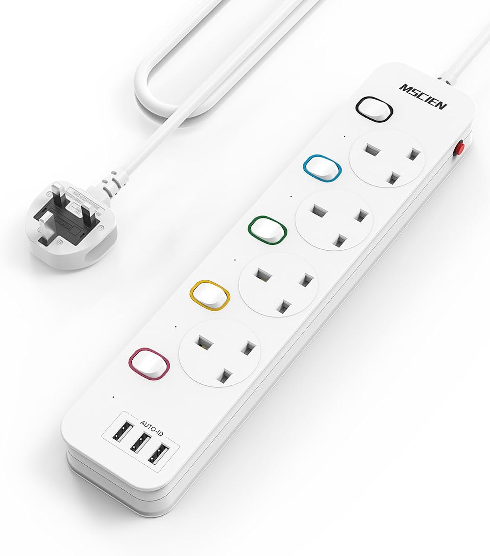 Mscien 4M Extension Lead with USB Slots 4 Way 3 USB 3250W UK Plug