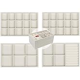 Set of 4 Stackable Jewelry Trays Organizer, Velvet Earring Organizer, Jewelry Organizer Showcase Display Drawer Organizer Storage, Earring Holder Necklace Bracelet Ring Accessary Organizers (Beige)