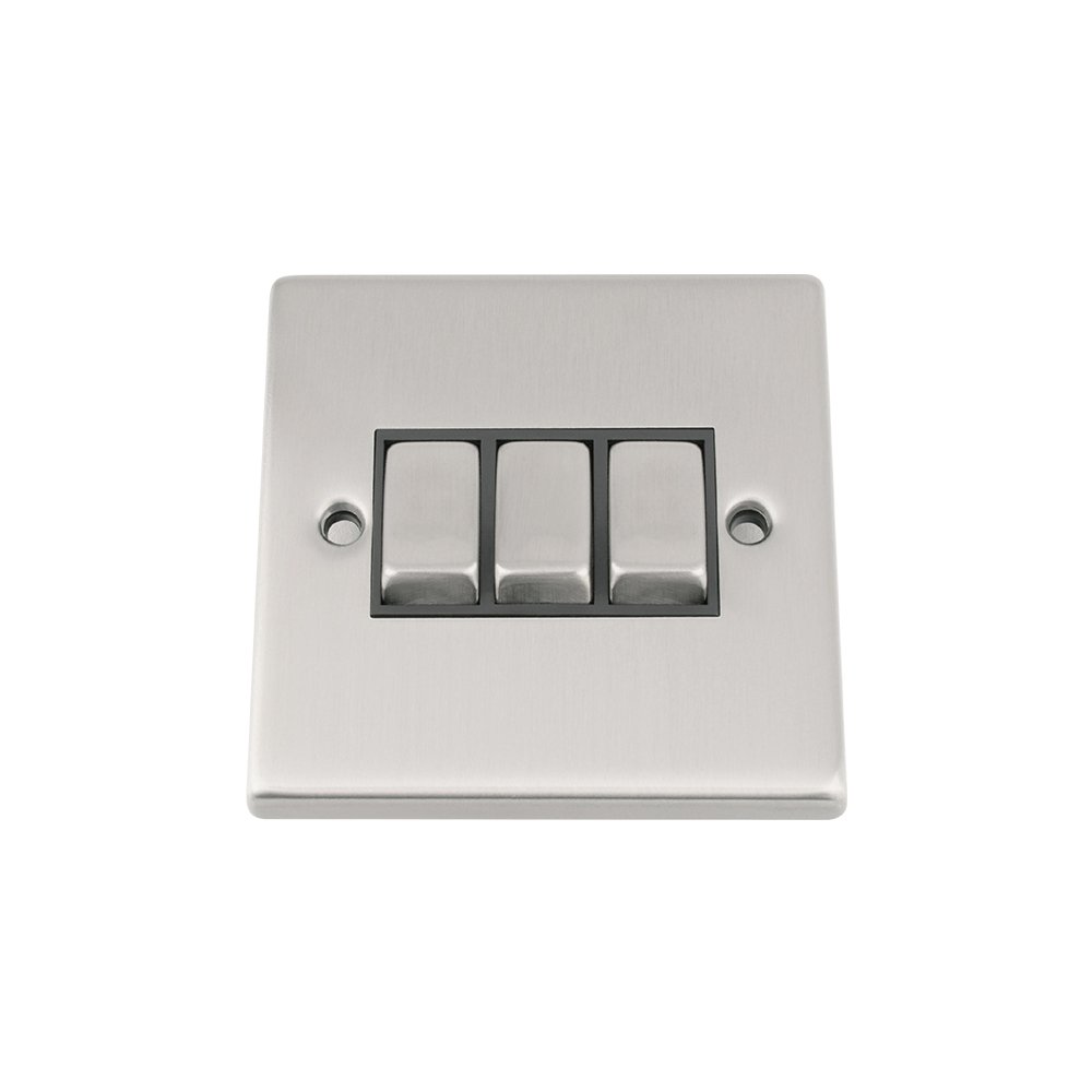 Triple Light Switch 3 Gang - Satin Matt Chrome - Square - Black - Metal Rocker Switch - 3 Gang 2 Way 10 Amp