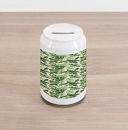 Lunarable Green Cola Can Shape Piggy Bank, Exotic Tropic Pattern with Palm Leaves Breadfruits Plumeria Flowers and Parrots, Ceramic Cola Shaped Coin Box Money Bank for Cash Saving, Lime Green Cream