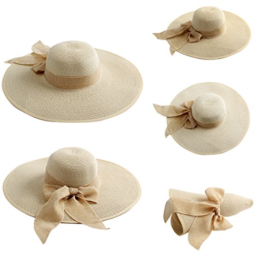 Lanzom Womens Big Bowknot Straw Hat Floppy Foldable Roll up Beach Cap Sun Hat UPF 50+ (Beige)